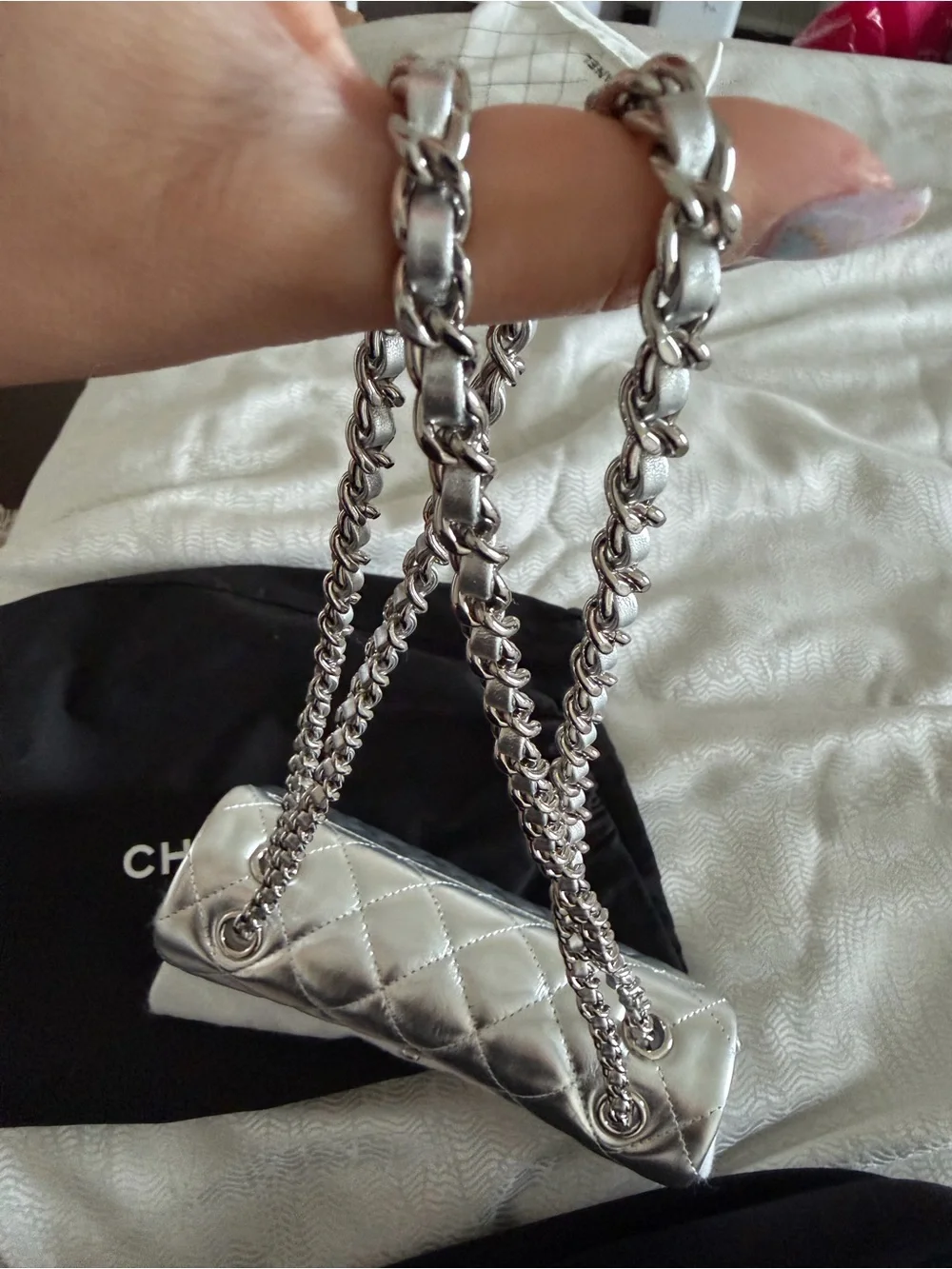 CHANEL Silver Quilted Lambskin Flap Bag with original pouch